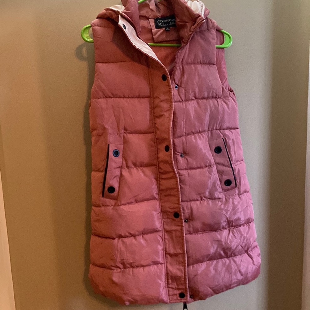Pink; pockets; hood; buttons and zipper; long puffer vest